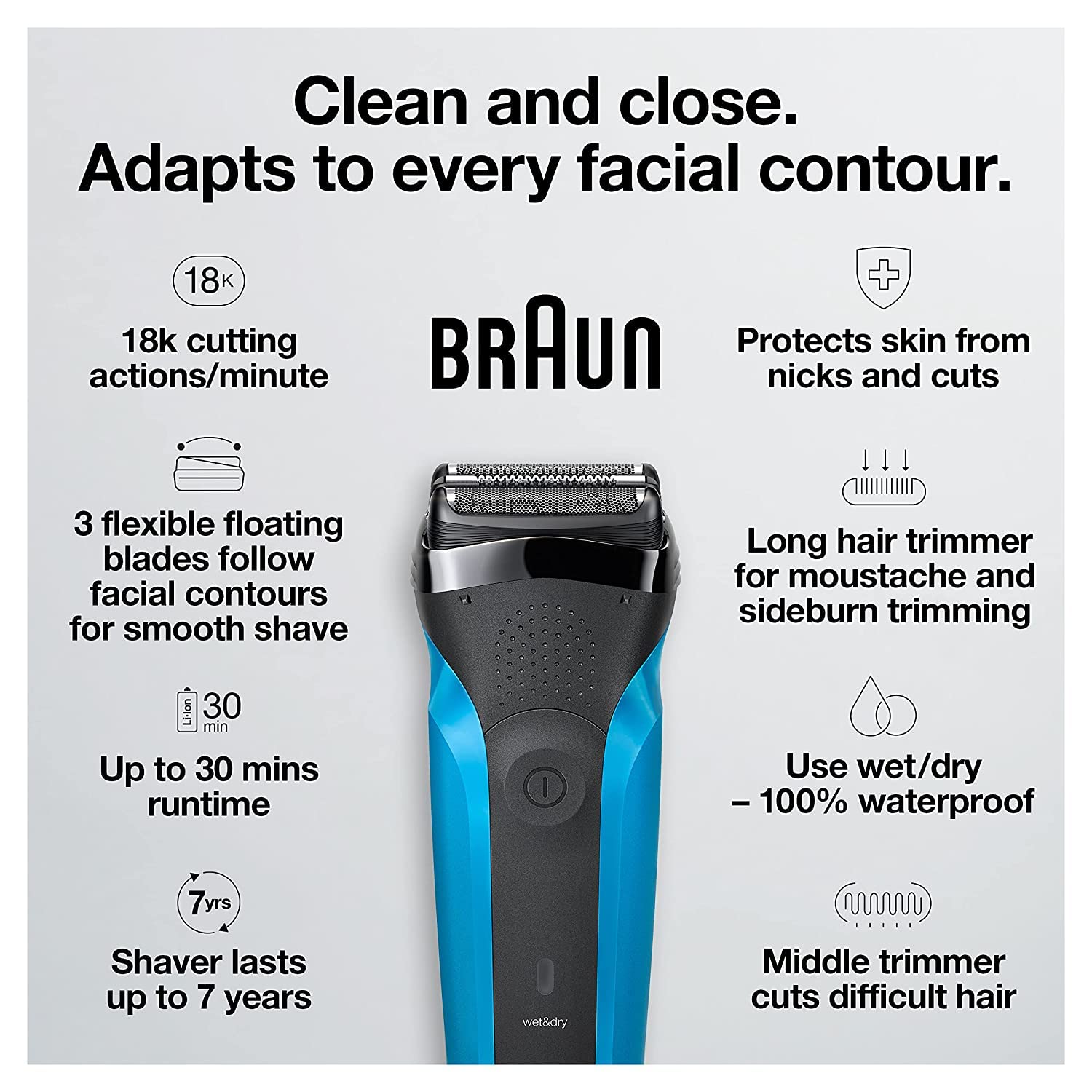 Braun Series 3 310s Electric Shaver for Men, Wet & Dry Shave, Rechargeable, Sensitive Skin Comfort