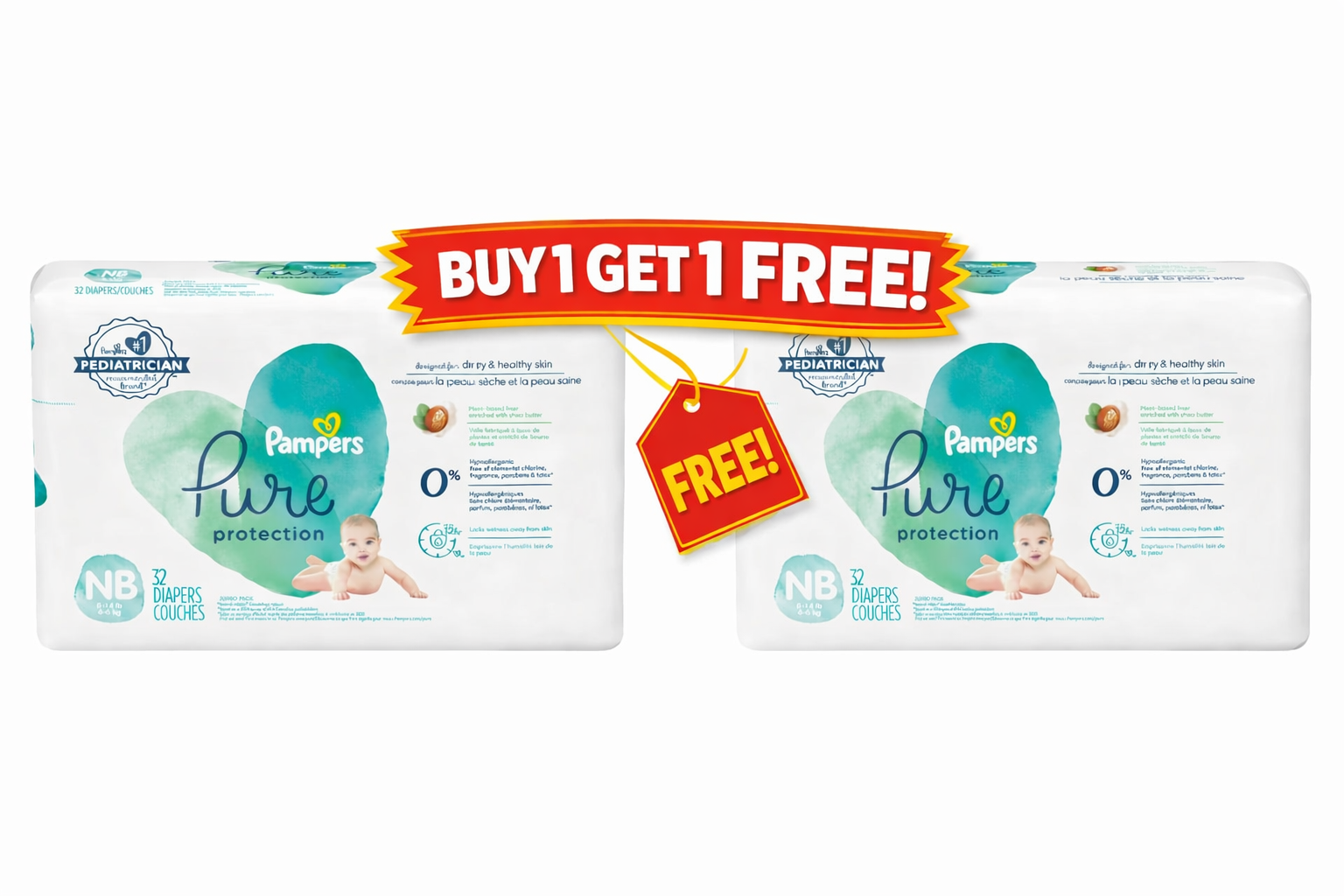 Pampers Pure Protection Baby Diapers, Newborn, Extra Small Size Taped Diapers (Size 1, NB), 32 Count – Twin Pack Offer