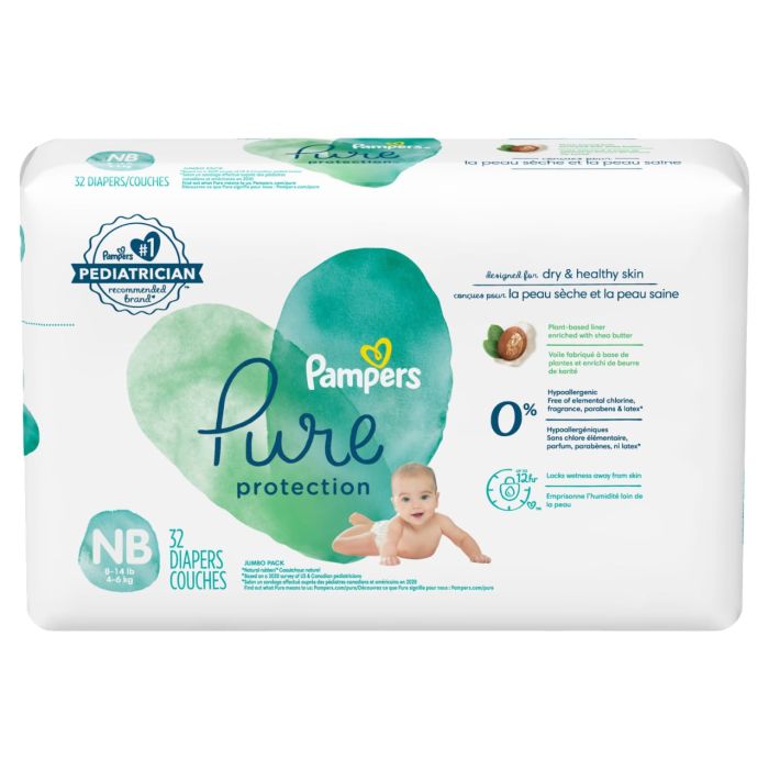 Pampers Pure Protection  Baby Diapers Newborn Extra Small Size Taped Diapers 32 Count