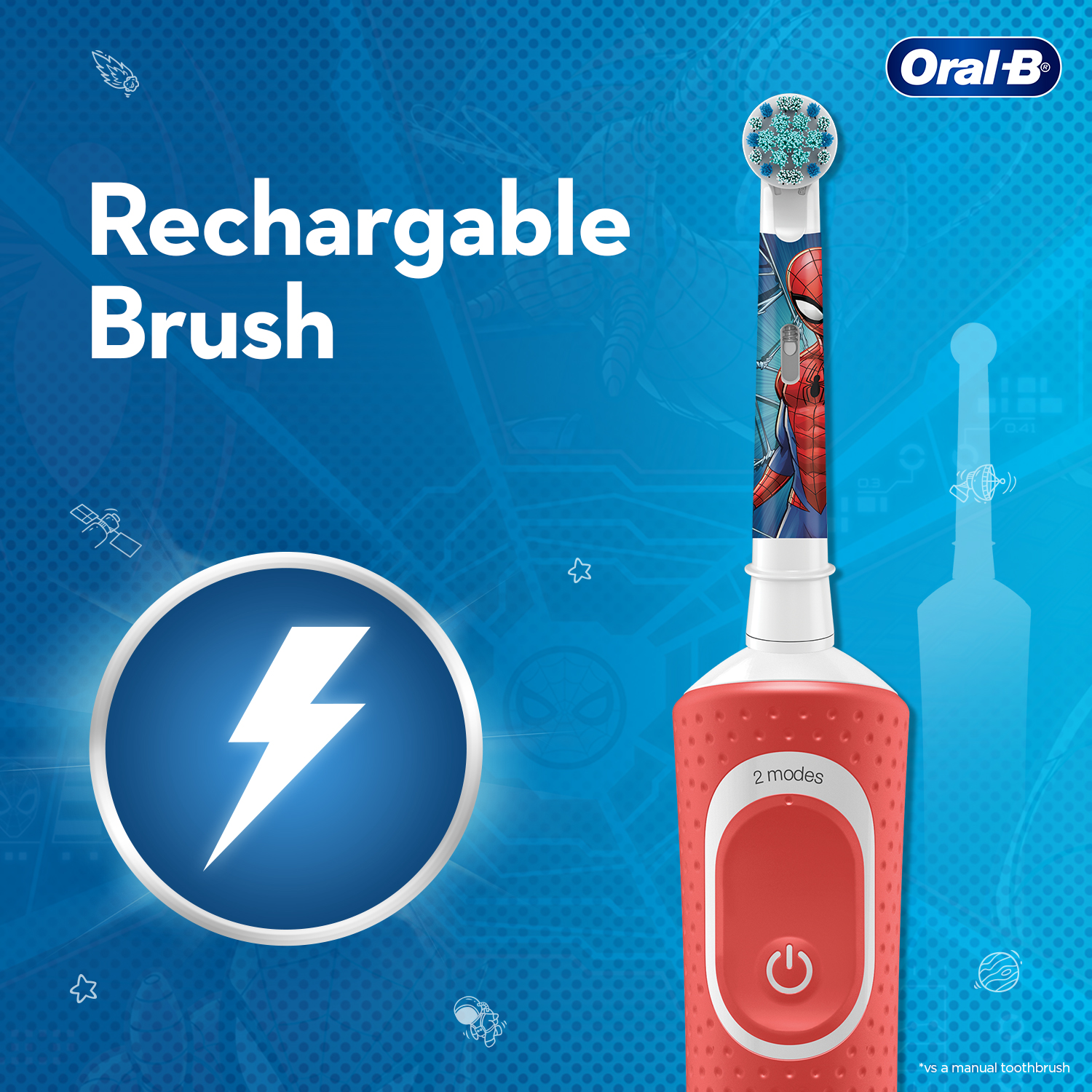 Oral B Kids Electric Rechargeable Toothbrush, Featuring Spiderman Characters